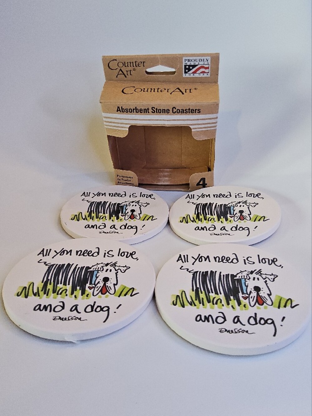 Emerson Counter Art Absorbent Stone Coasters "All you need is love and a dog"